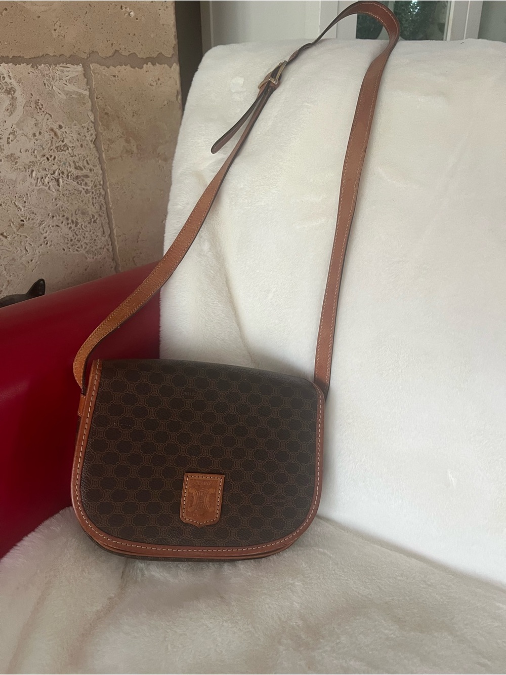 Celine Brown Monogram Triomphe Crossbody with Tan Leather Trim